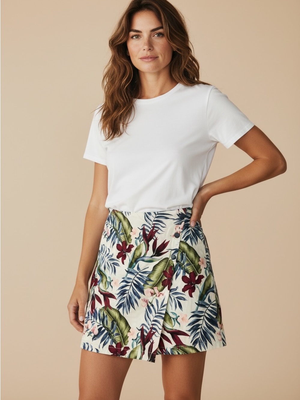 Lady Hagen Tropical Floral Mini Skirt in Cream with Green & Burgundy Print